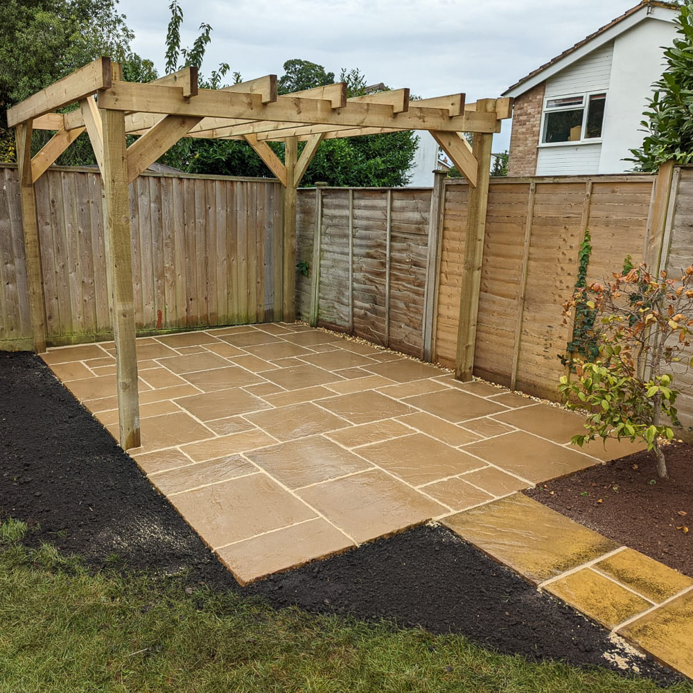 Lalitpur Yellow Natural Patio Slabs under wooden pergola