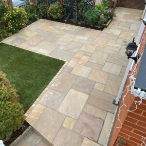 Rippon Natural Riven Finish Sandstone Patio Designed and Installed by MC Building & Landscaping
